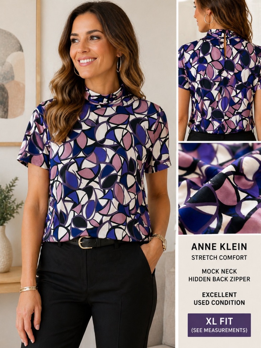 Anne Klein Purple Geometric Mock Neck Blouse